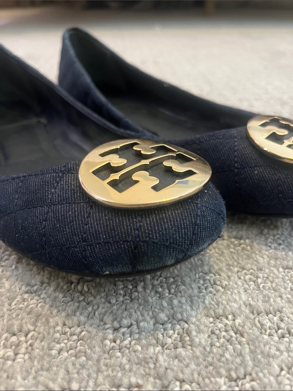 Tory Burch Navy Quilted Logo Flats with Gold Medallion
